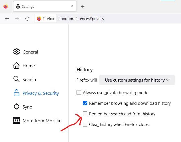 Firefox Remember search and form history