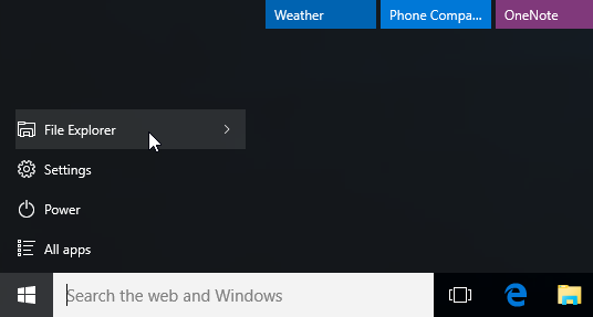 File explorer start menu