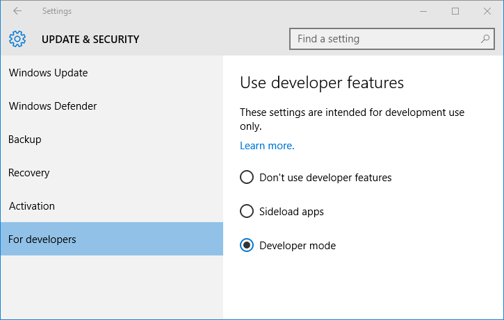 windows 10 developer mode