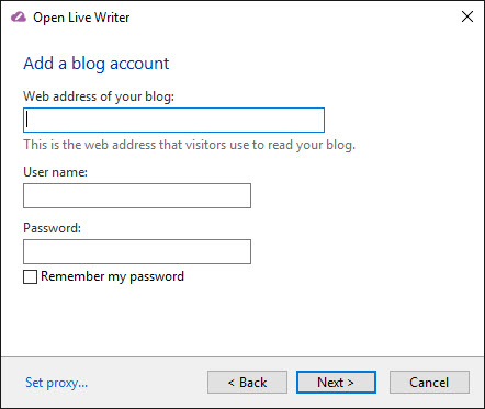 Open Live Writer wordpress username and password