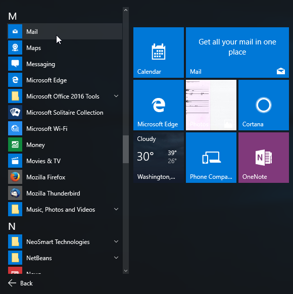 Windows 10 mail app start menu