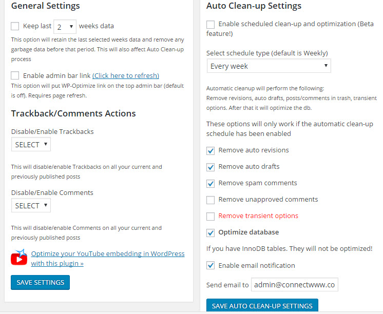 WP-Optimize settings