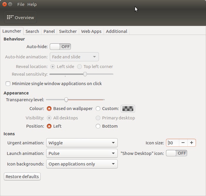Unity Tweak Tool launcher settings