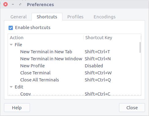 Terminal Preferences shortcuts