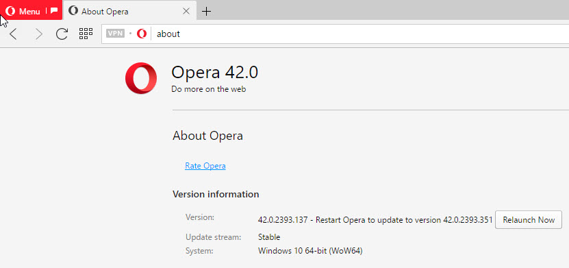 turn off update message in opera developer