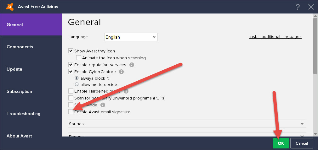 how to remove avast antivirus extra line in the email