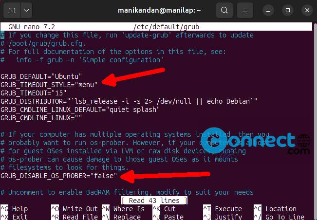 edit grub file in nano